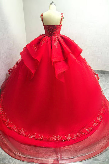 Sparkly Red Ball Gown Spaghetti Straps Beaded Quinceanera Dress with Appliques